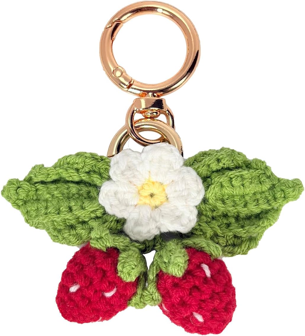 Cute Strawberry Keychain,Kawaii Positive Crochet Bag Charms for Handbags,Flower Key Chain,Boho Daisy Kindle Accessories-Hookcrafted