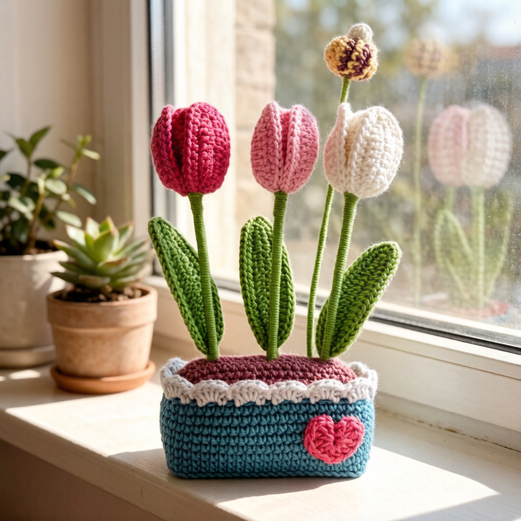 Beginner Friendly Crochet Kit, Potted Tulip Flowers Amigurumi Crochet Starter Kit with Yarn, Hook, Needle & Accessories, Complete DIY Craft Set with Tutorial for Adults & Kids, Perfect Home Decor & Handmade Gift