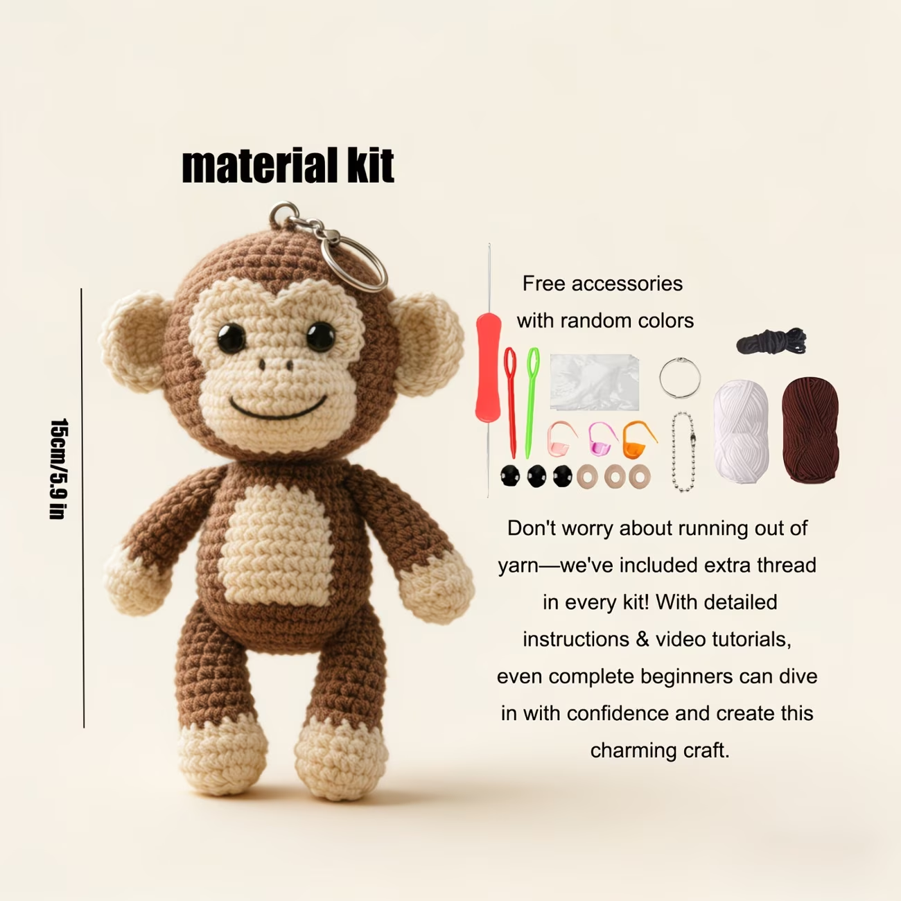 Cute Monkey Keychain Crochet Plush Kit for Beginners | DIY Amigurumi Stuffed Animal Set with Yarn, Hook & Step-by-Step Tutorial | Sweet Handmade Gift for Animal Lovers
