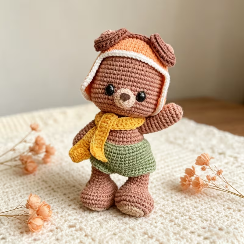 1pc Cute Bear with Hat & Scarf Crochet Kit for Beginners, Complete DIY Amigurumi Teddy Bear Plush Doll Craft Set with All Materials, Yarn, Tools & Step-by-Step Instructions, Handmade Knitted Bear in Green Skirt, Perfect Gift for Kids, Home Decor