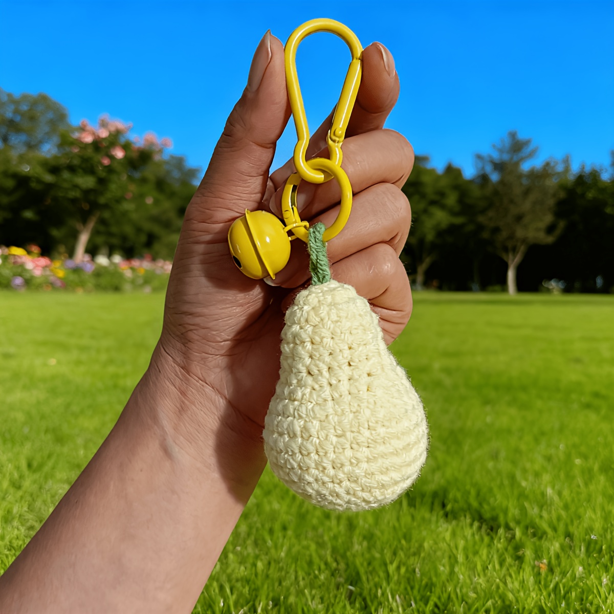 1pc Crochet Pear Keychain, Handmade Knitted Pear Bag Charm with Bell, Cute Plush Fruit Key Ring Accessories for Women, Purse Backpack Pendant, Aesthetic Gift