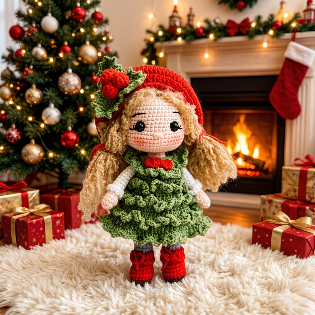 Christmas Girl Crochet Plush Kit for Beginners | DIY Amigurumi Holiday Doll Set with Yarn, Hook & Step-by-Step Tutorial | Cute Handmade Gift for Festive Lovers
