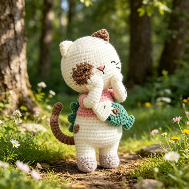 1pc Complete DIY Crochet Amigurumi Kitten Plush Doll Kit Suitable for Beginners with Yarn, Tools & Tutorial - Handmade Cat with Fish Craft, Yarn & Hooked Crochet Project for Adults, Kids, Cat Lovers Gift, Home Decor, Easy Fun Project