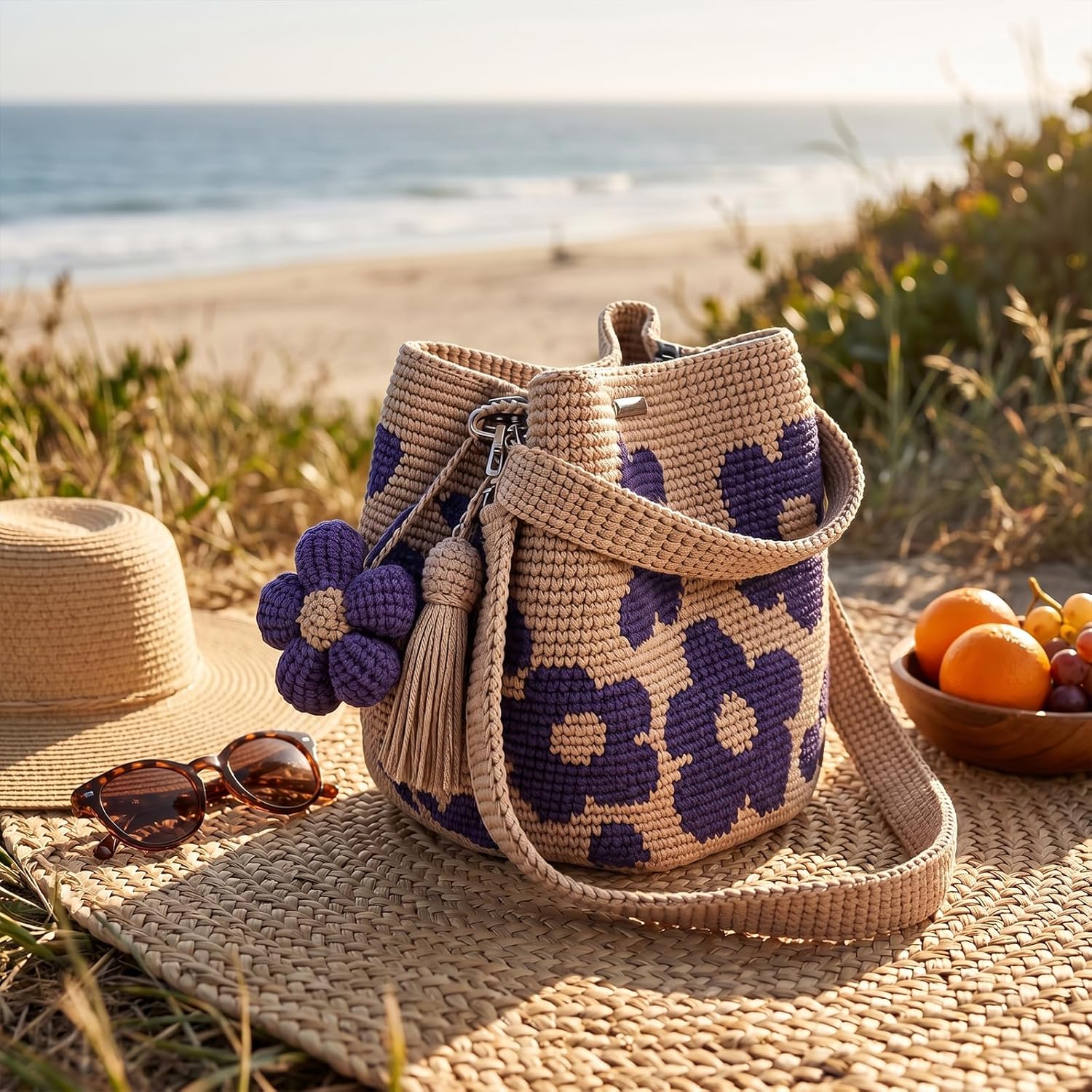 Handmade Crochet Flower Tote Knit, Summer Vacation Travel Floral Purse Bag, Boho Beach Handbags, for Women Vacation