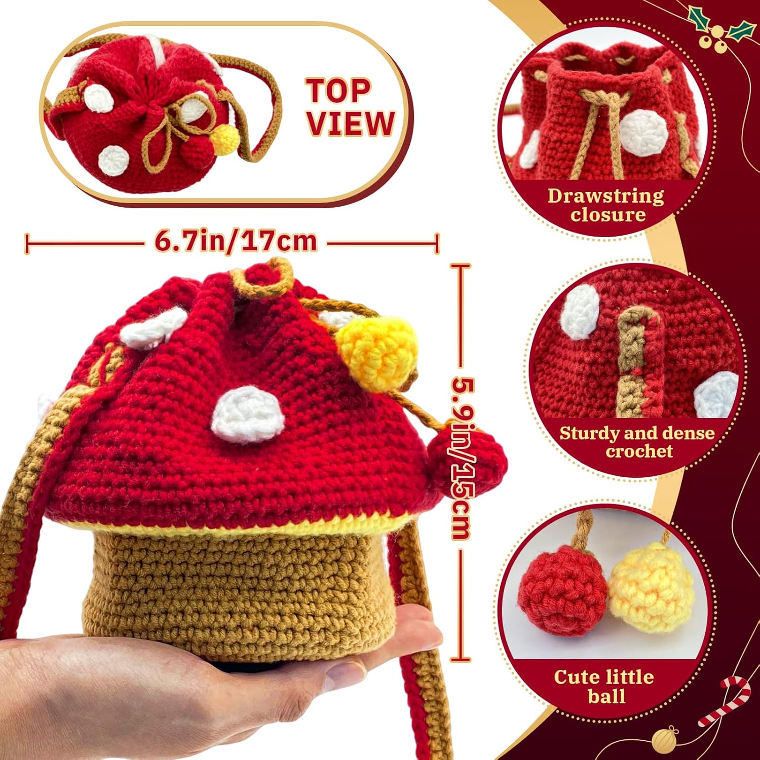 Crochet Kit for Beginners with Step-by-Step Video Tutorials – DIY Mushroom Crossbody Purse Bag, Crochet Bag Kit for Women, Knitting Kit, Handcraft Kit