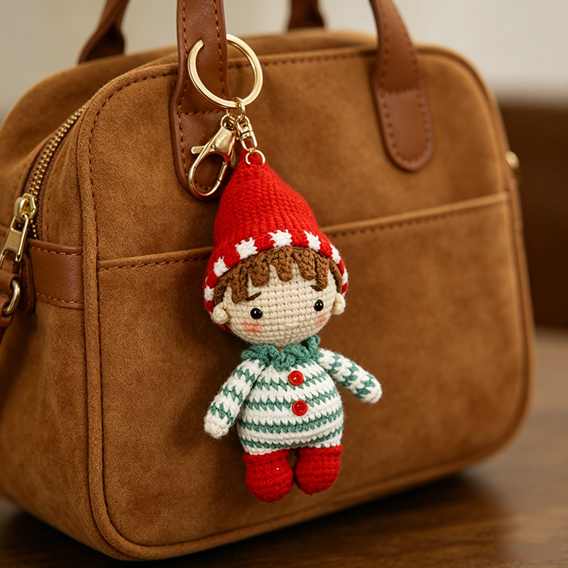 Handmade Crochet Elf Boy Keychain, Cute Knitted Gnome Doll Pendant, Christmas Holiday Decor Charm, Unique Handcrafted Gift for Kids Women Bag Backpack Keyring
