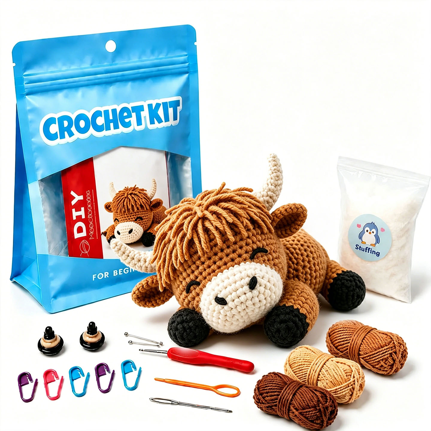 Crochet Kit for Beginners, DIY Highland Cattle Amigurumi Crochet Kit with Step-by-Step Instructions, Complete Starter Kit with Yarn, Hooks & Accessories for Adults Kids, Handmade Craft Gift
