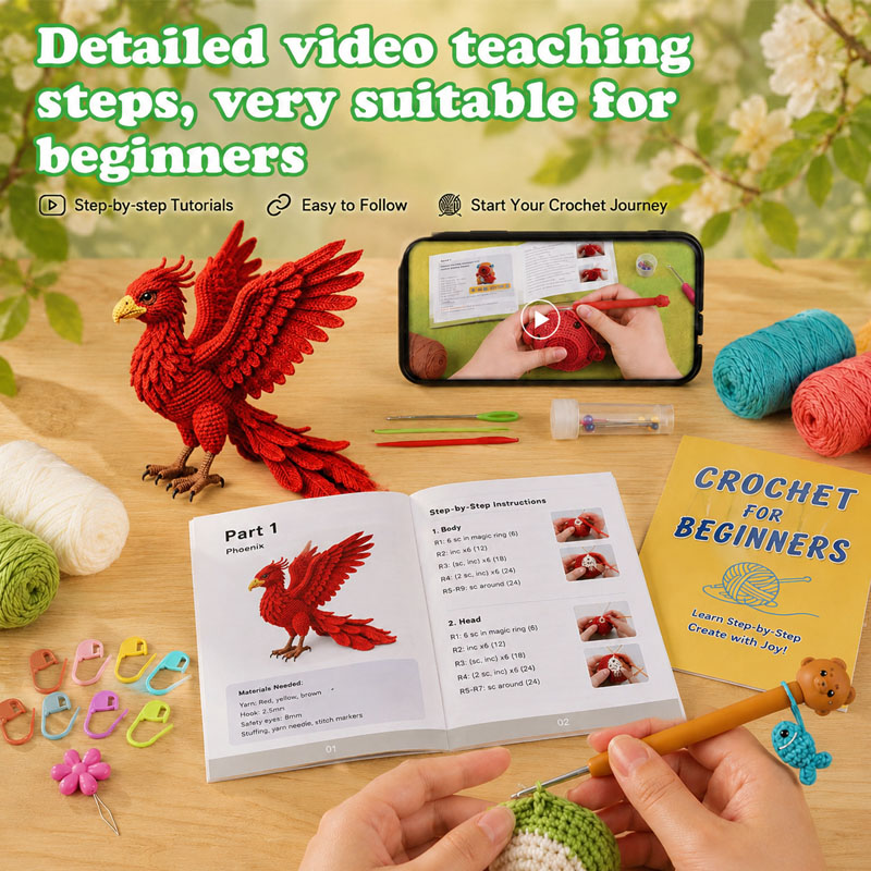 Crochet Kit for Beginners, DIY Phoenix Amigurumi Crochet Kit with Step-by-Step Instructions, Complete Starter Kit with Yarn, Hooks & Accessories for Adults Kids, Handmade Craft Gift