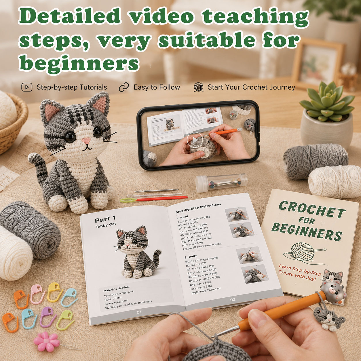 Crochet Kit for Beginners, DIY Cat Amigurumi Crochet Kit with Step-by-Step Instructions, Complete Starter Kit with Yarn, Hooks & Accessories for Adults Kids, Handmade Craft Gift