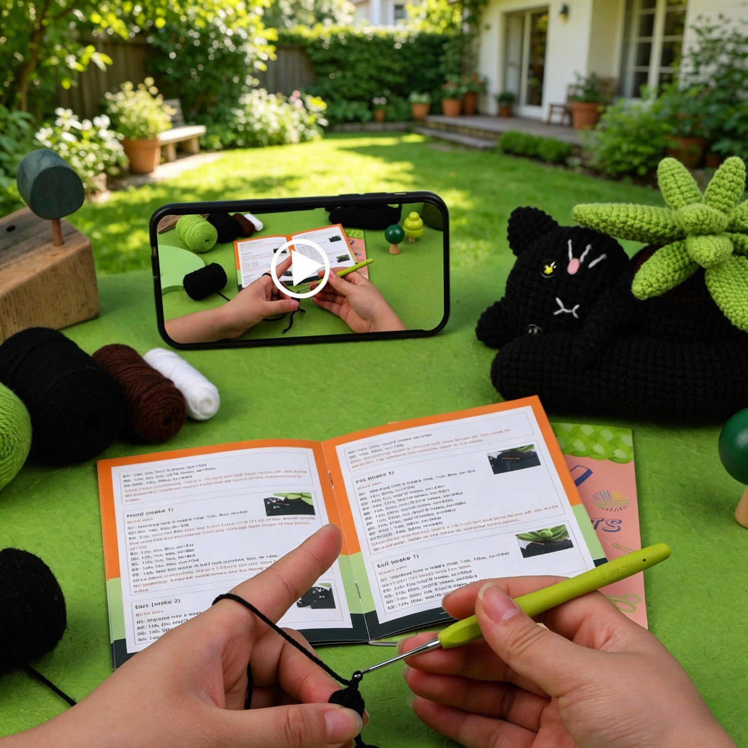 Black Cat Planter Crochet Kit for Beginners | DIY Amigurumi Cat-Shaped Succulent Pot Set with Yarn, Hook & Step-by-Step Tutorial | Cute Handmade Gift for Plant & Cat Lovers