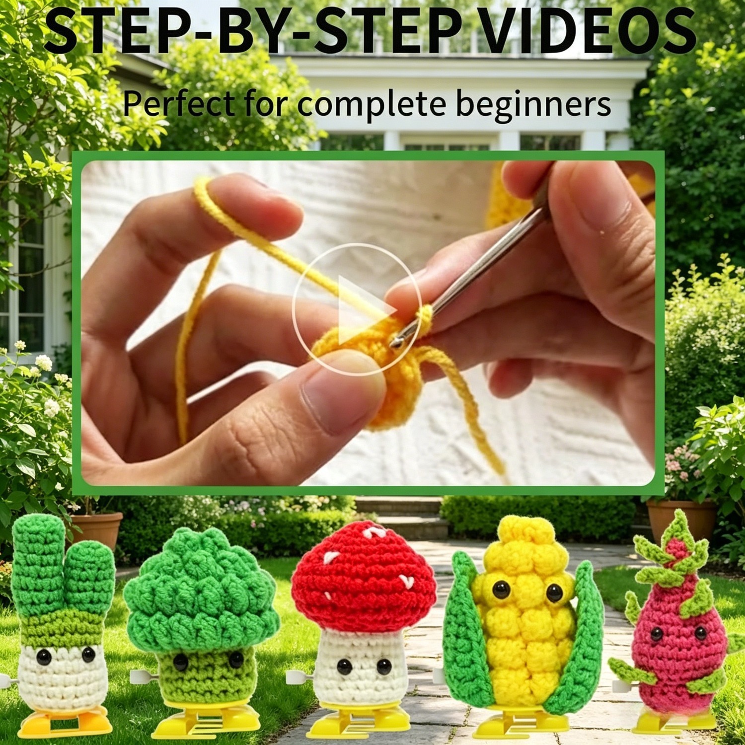 5Pcs Walking Base Succulent Plants Beginner Crochet Kit | DIY Amigurumi Wind-Up Toy Set with Yarn, Hook & Step-by-Step Tutorial | Cute Handmade Gift for Kids & Craft Lovers