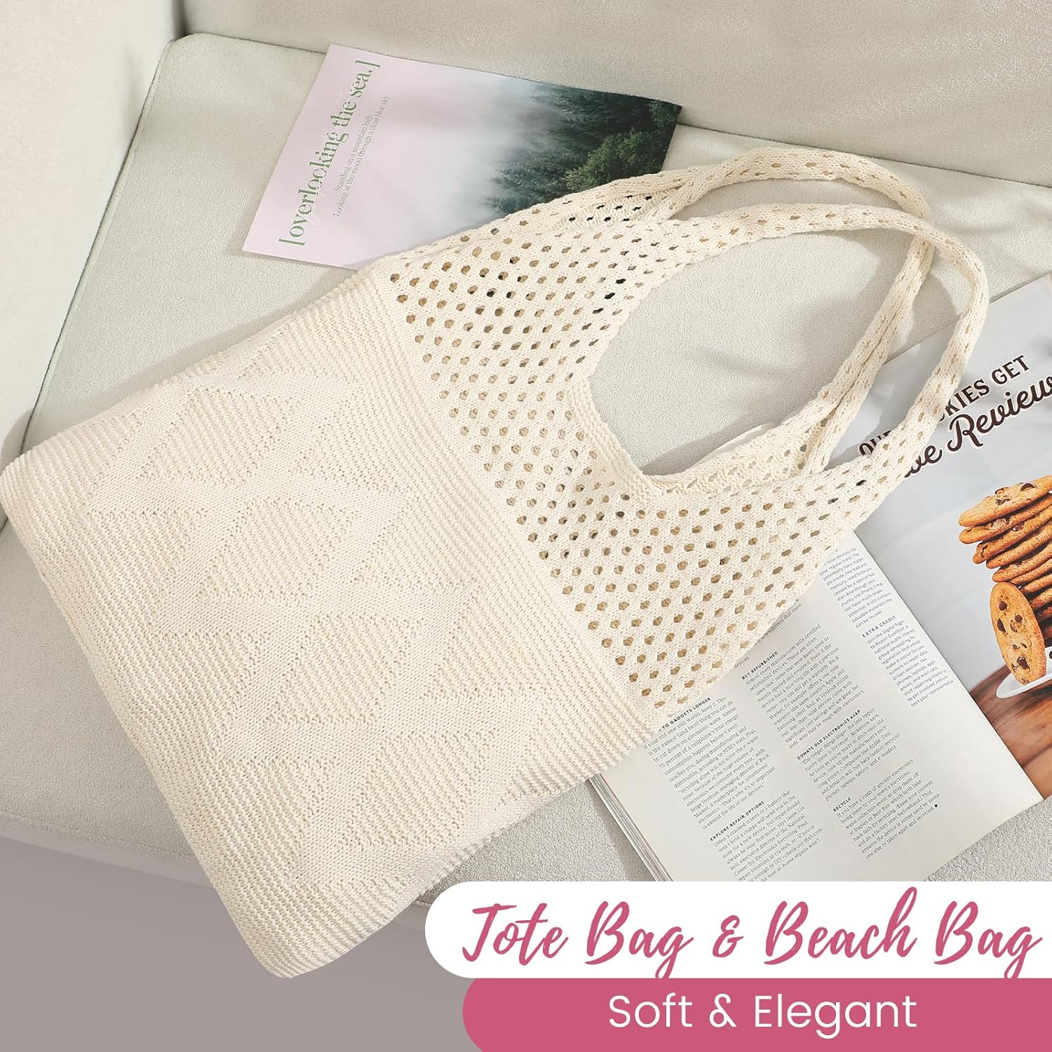 Crochet Tote Bag, Mesh Beach Bag, Knitted Shoulder Beach Bags for Women Vacation Aesthetic Hobo Tote Bags
