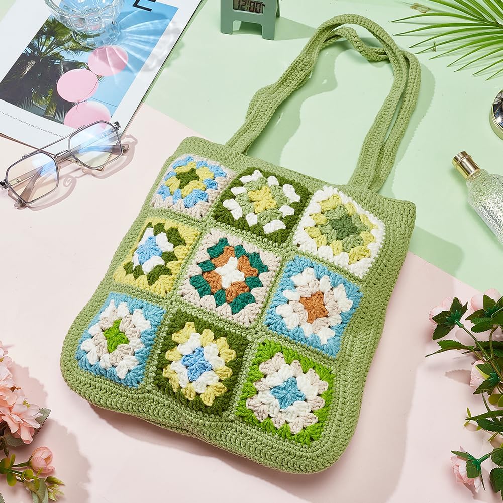 DIY Crochet Tote Bag Kit for Adults, Green Granny Square Shoulder Bag Set for Starter, Complete Accessories Tools to Make a Bag with Instruction and Video-Hookcrafted
