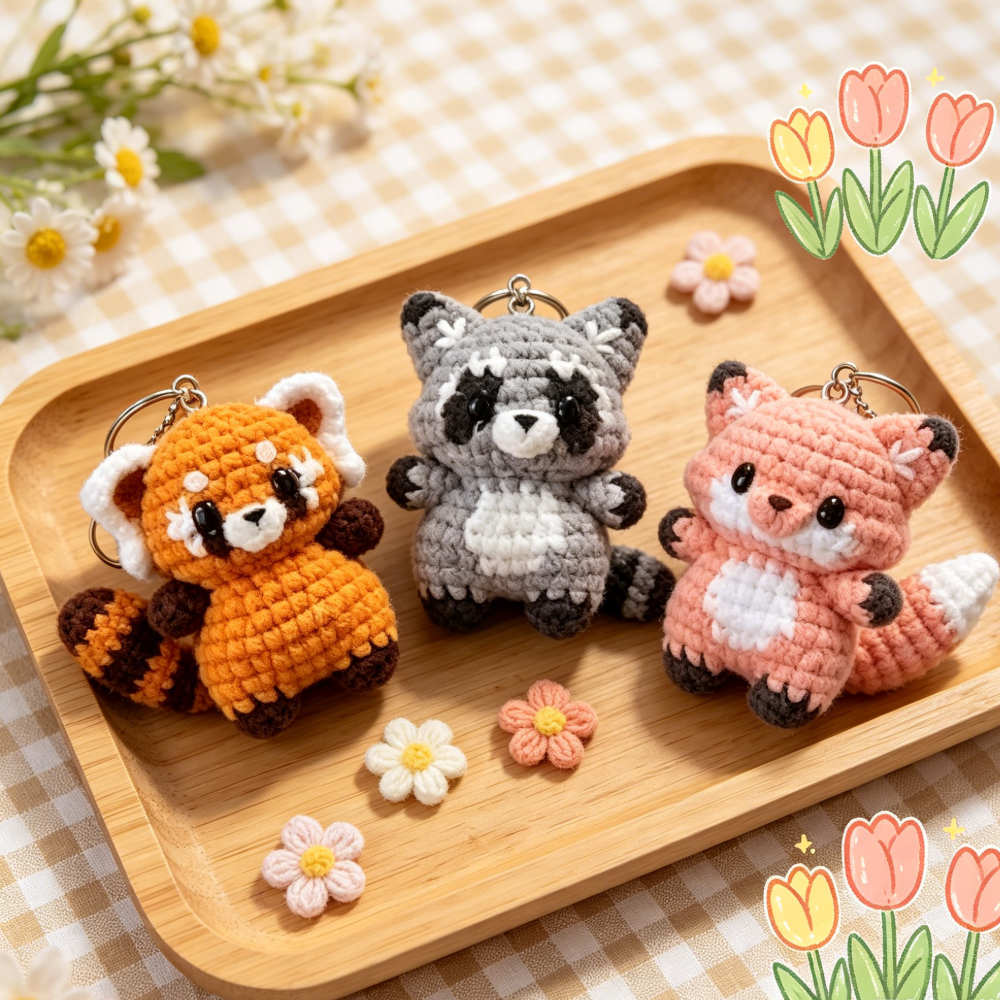 Beginner Friendly 3PCS Forest Animals Crochet Kit, Mini Red Panda, Raccoon & Fox Keychain Amigurumi Crochet Starter Kit with All Yarn, Hook, Needle & Accessories, Complete DIY Craft Set with Tutorial for Adults & Kids, Perfect Bag Charm & Handmade Gift