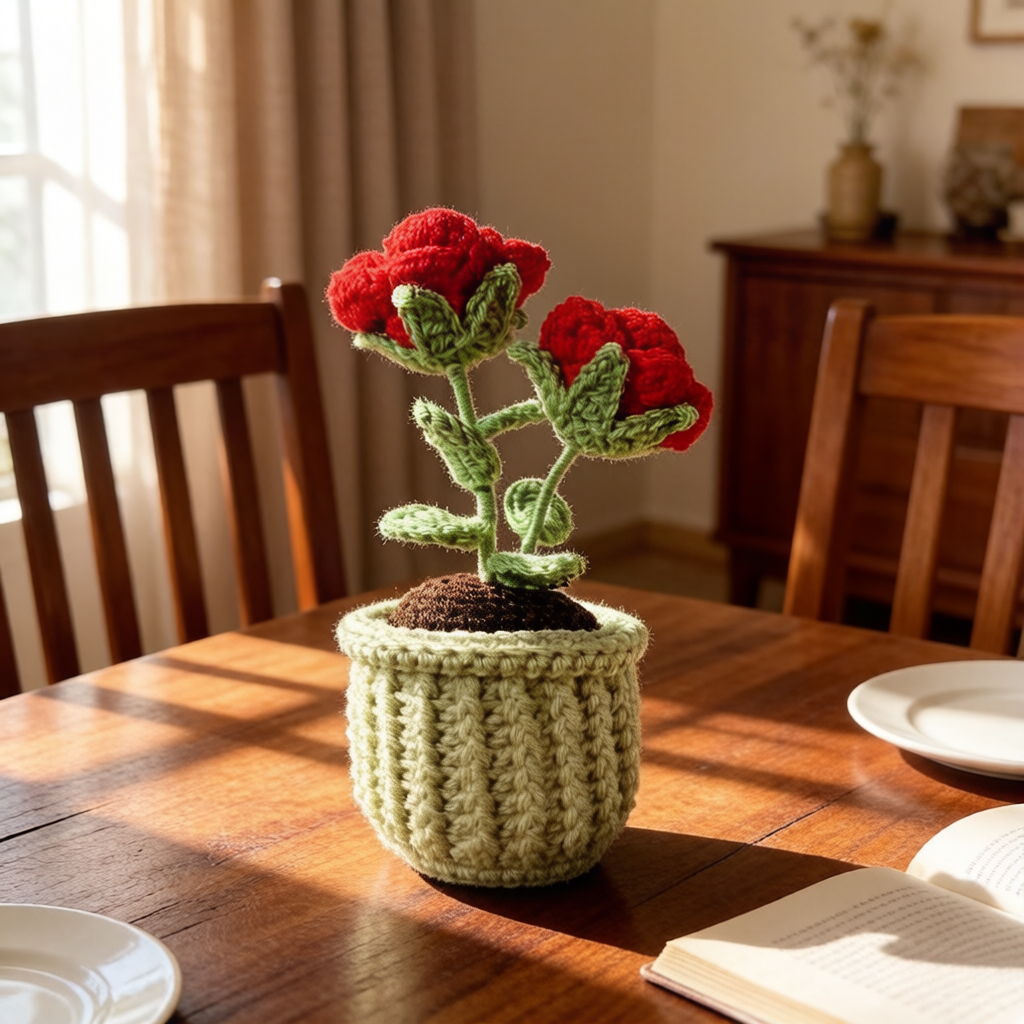 Beginner Friendly Rose Crochet Kit, Potted Red Rose Amigurumi Crochet Starter Kit with Yarn, Hook, Needle & Accessories, Complete DIY Craft Set with Tutorial for Adults & Kids, Perfect Home Decor & Handmade Gift