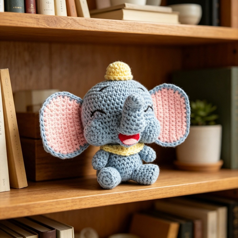 1pc Cute Dumbo Elephant Crochet Kit for Beginners, Complete Amigurumi Animal Doll Plush Craft Set with All Materials & Step-by-Step Instructions, Handmade Knitted Blue Elephant with Big Ears & Hat, Perfect Gift for Kids, Home Decor-Hookcrafted