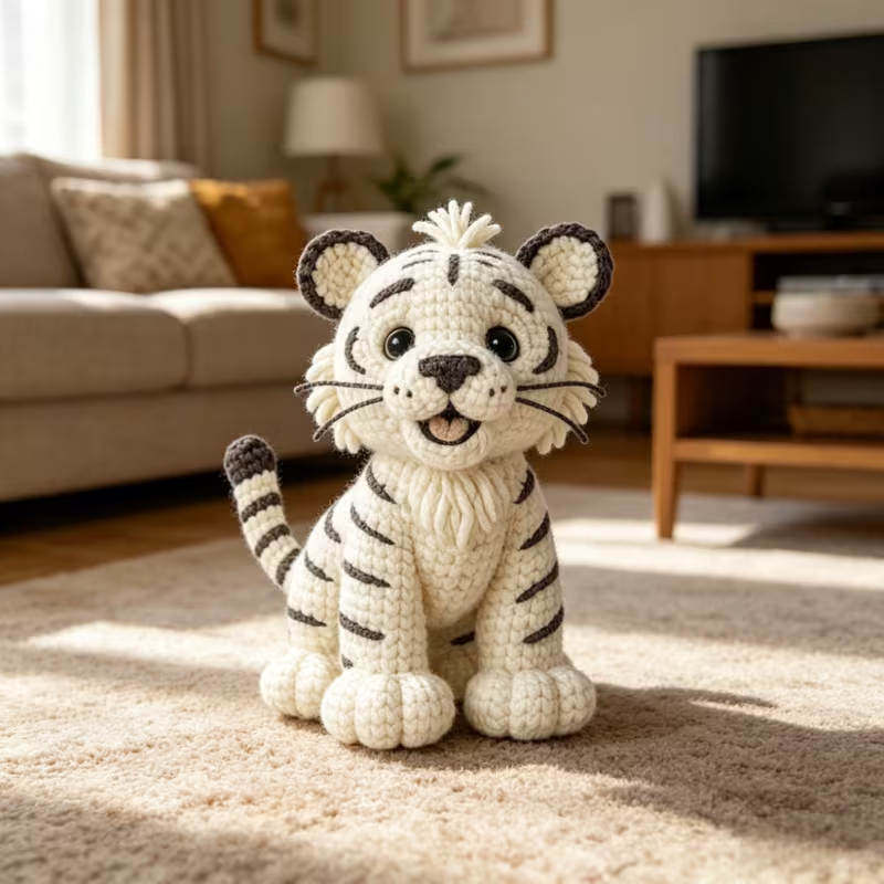 1pc Cute White Tiger Crochet Kit for Beginners, Complete Amigurumi Tiger Plush Doll Craft Set with All Materials, Yarn, Tools & Step-by-Step Instructions, Handmade Knitted White Tiger Cub, Perfect Gift for Kids, Animal Lovers, Home Decor