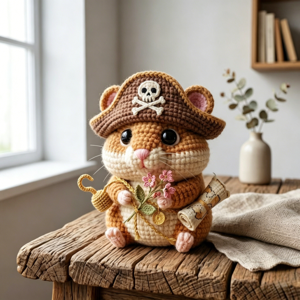 Adorable Hamster Crochet Kit, Full Amigurumi Pet Doll Craft Set with All Supplies: Soft Yarn, Hook, Safety Eyes, Fluffy Stuffing & Tutorial, Handmade Knitted Hamster Plush with Book/Flower/Pirate Style, Great Gift for Animal Lovers, Home Decor