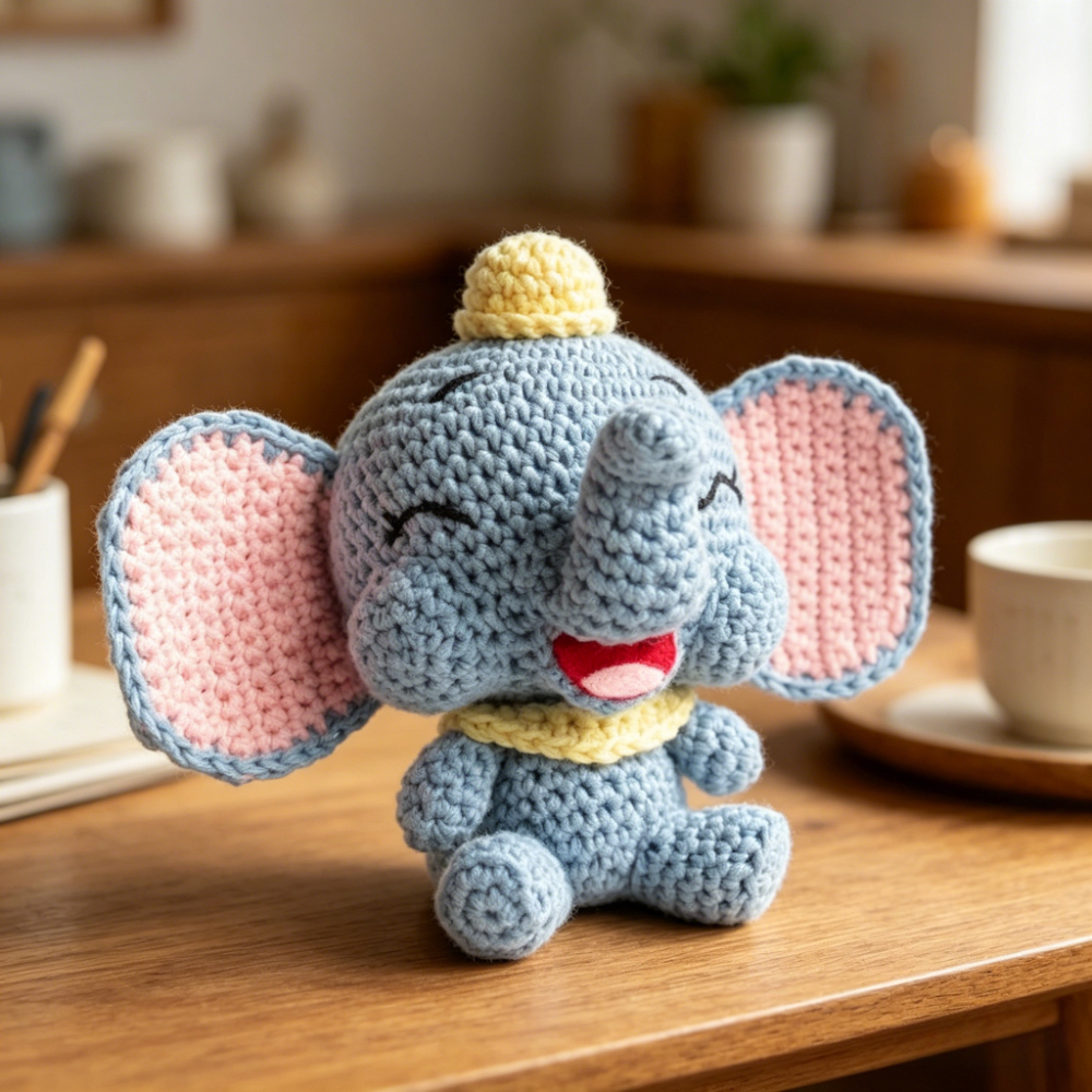 1pc Cute Dumbo Elephant Crochet Kit for Beginners, Complete Amigurumi Animal Doll Plush Craft Set with All Materials & Step-by-Step Instructions, Handmade Knitted Blue Elephant with Big Ears & Hat, Perfect Gift for Kids, Home Decor-Hookcrafted