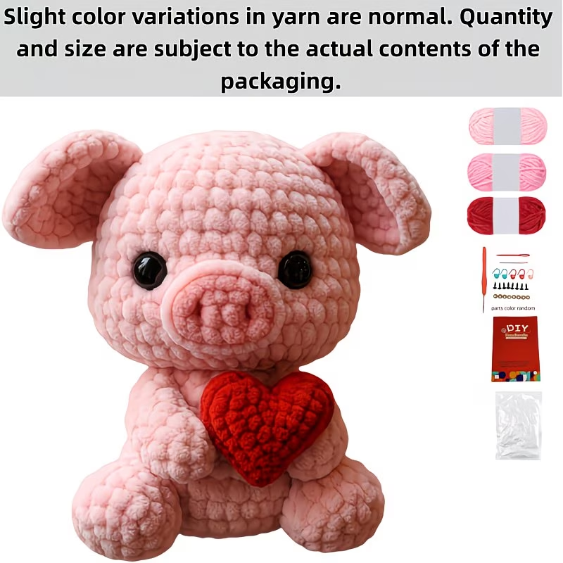 Cute Heart Pig Crochet Plush Kit for Beginners | DIY Amigurumi Stuffed Animal Set with Yarn, Hook & Step-by-Step Tutorial | Sweet Handmade Gift for Pig Lovers