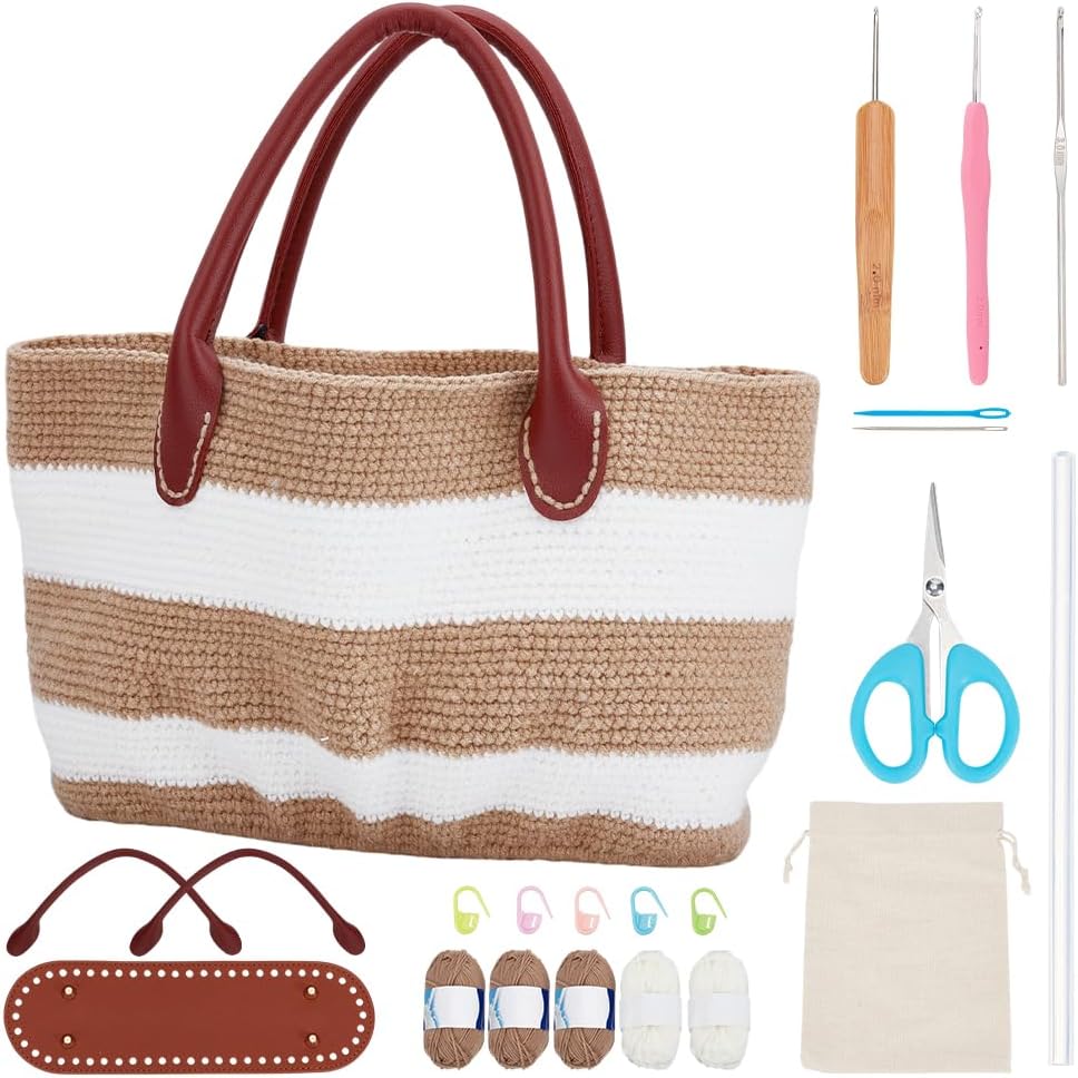 DIY Crochet Handbag Kit for Beginners, Khaki Striped Crochet Bag with PU Leather Band and Base, Complete Crochet Set to Make a Bag, Include Yarn, Crochet Hooks, Markers and Instruction