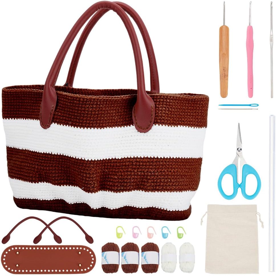 DIY Crochet Handbag Kit for Beginners, Khaki Striped Crochet Bag with PU Leather Band and Base, Complete Crochet Set to Make a Bag, Include Yarn, Crochet Hooks, Markers and Instruction