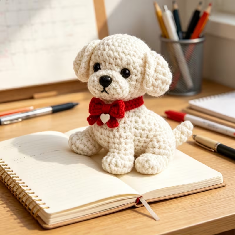 1pc Cute Puppy Crochet Kit for Beginners, Complete DIY Amigurumi Set with Yarn, Tools & Tutorial, Handmade Knitted White Dog with Red Bow, Perfect Gift for Kids & Adults, Easy to Start Crochet Project for Craft Lovers