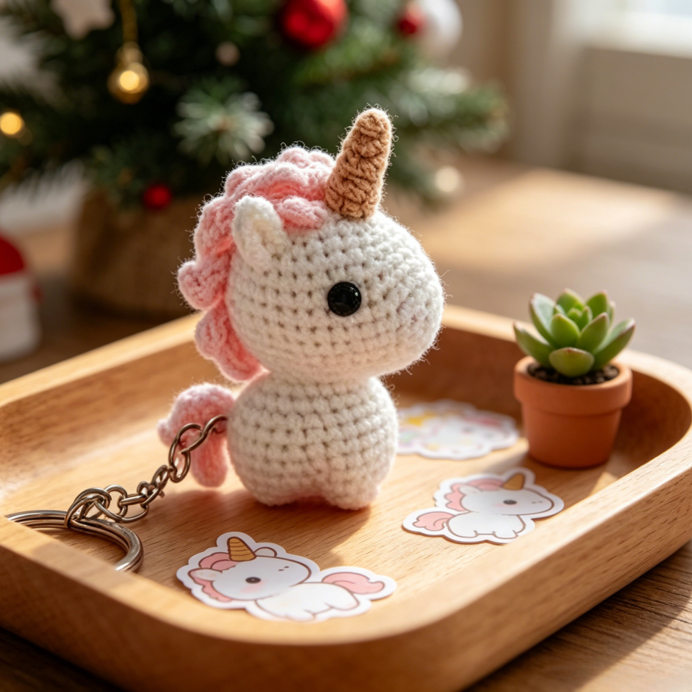 Beginner Friendly Unicorn Keychain Crochet Kit, Cute Mini Unicorn Amigurumi Crochet Starter Kit with Yarn, Hook, Needle & Accessories, Complete DIY Craft Set with Tutorial for Adults & Kids, Perfect Bag Charm & Handmade Gift