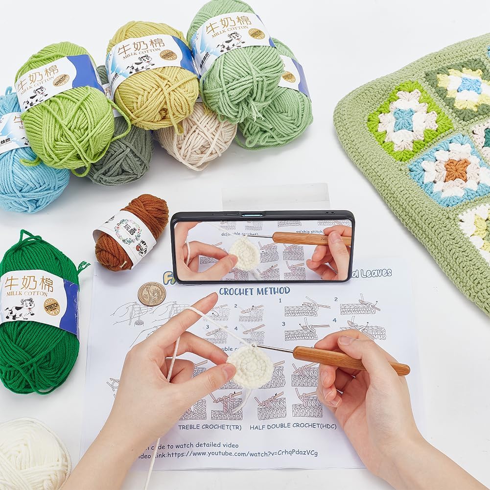 DIY Crochet Tote Bag Kit for Adults, Green Granny Square Shoulder Bag Set for Starter, Complete Accessories Tools to Make a Bag with Instruction and Video-Hookcrafted