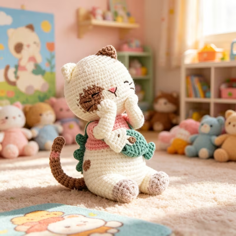 1pc Complete DIY Crochet Amigurumi Kitten Plush Doll Kit Suitable for Beginners with Yarn, Tools & Tutorial - Handmade Cat with Fish Craft, Yarn & Hooked Crochet Project for Adults, Kids, Cat Lovers Gift, Home Decor, Easy Fun Project