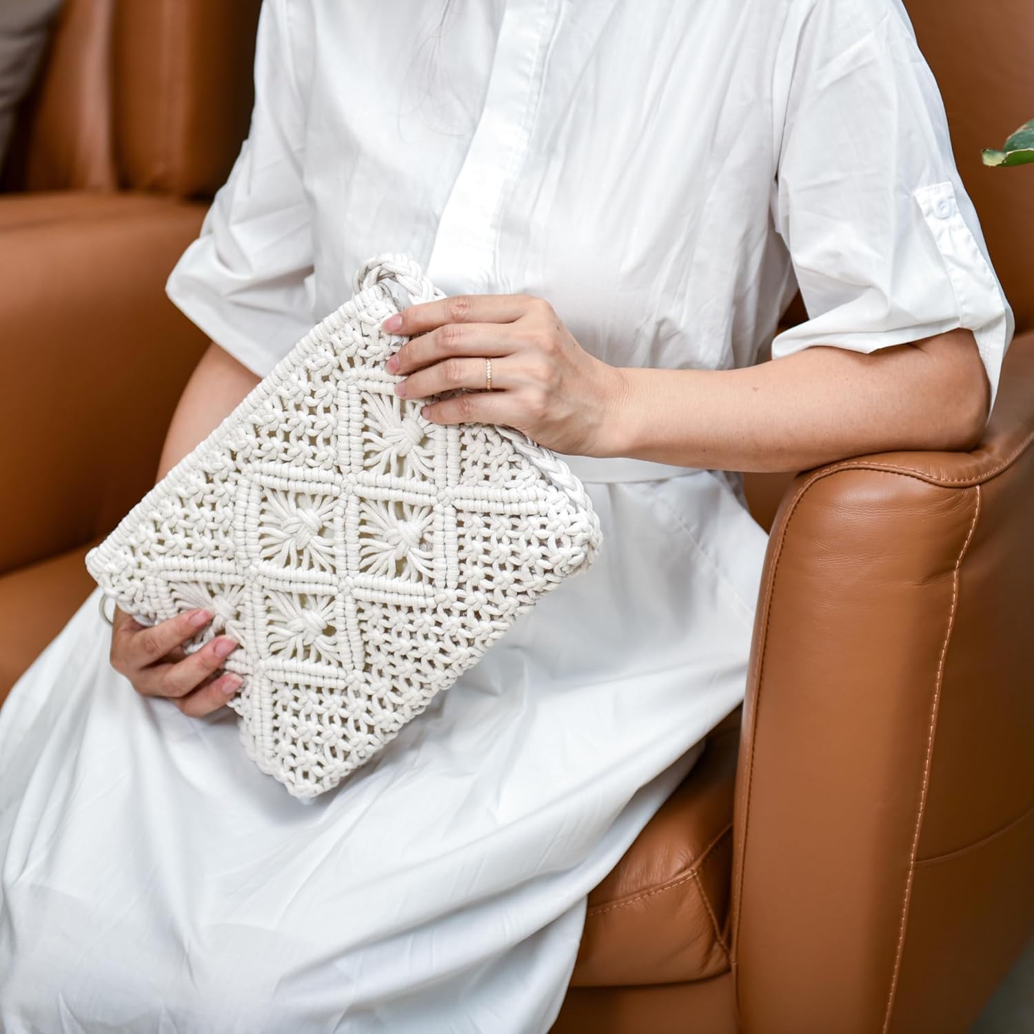 Handmade Crochet Purse Boho Cotton Rope Crossbody Shoulder Bag with Tassel Casual Bag for Women