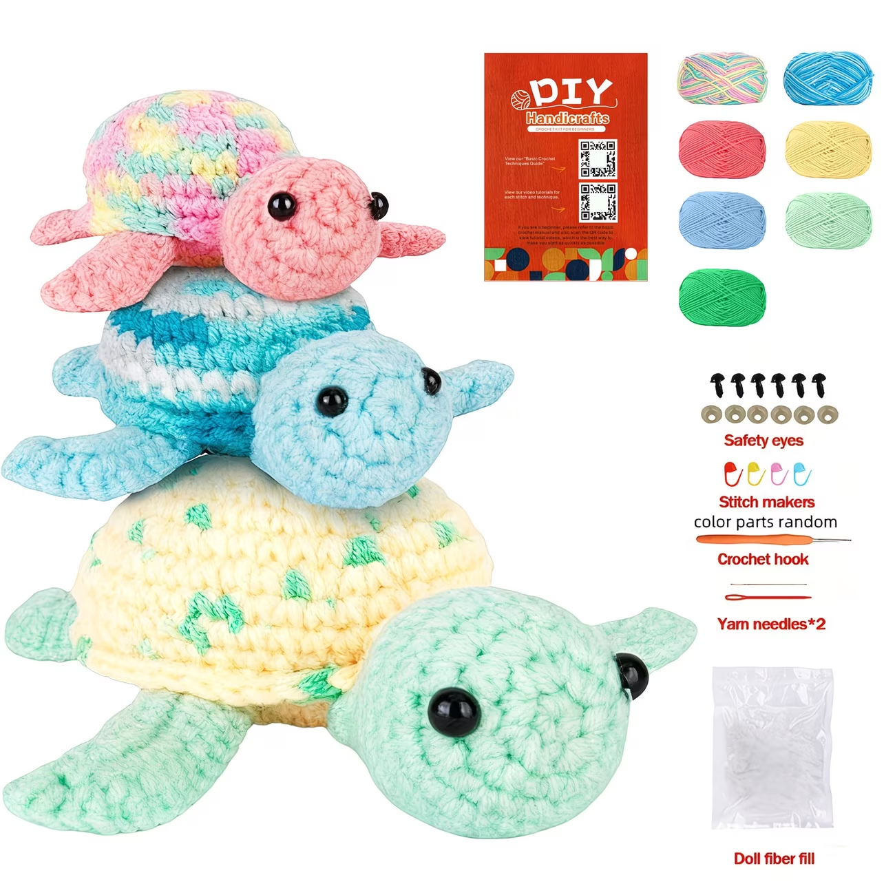 Set of 3 Colorful Turtles Crochet Kit | Complete DIY Amigurumi Stuffed Animal Set with Yarn, Hook & Step-by-Step Guide | Perfect Gift for Crocheters