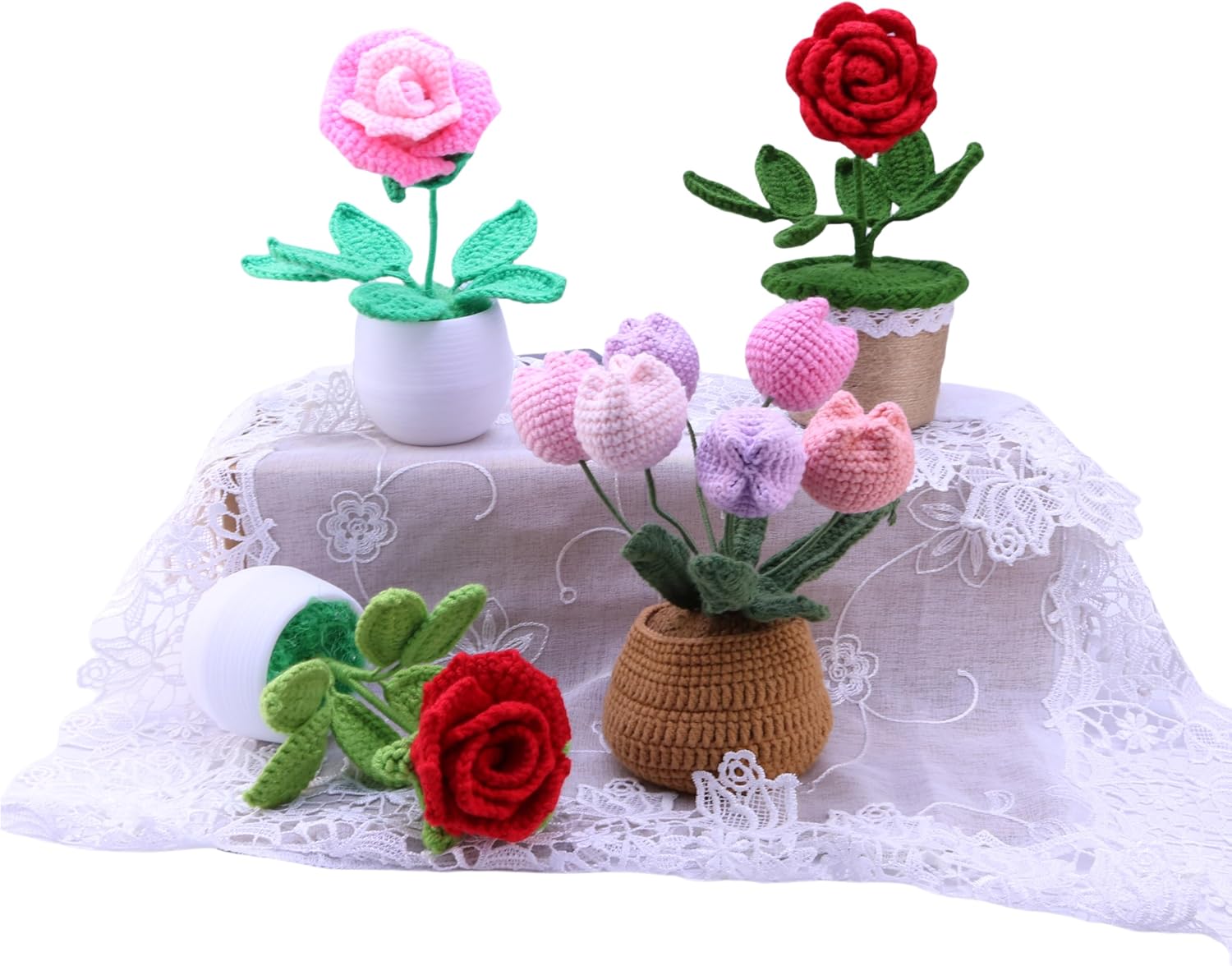 Hand-Crocheted Tulip Potted Plants, Artificial Decorative Plants on the Home Office Table, and Unique Intimate Gifts for Family, Friends and Women (Anniversary, Birthday)