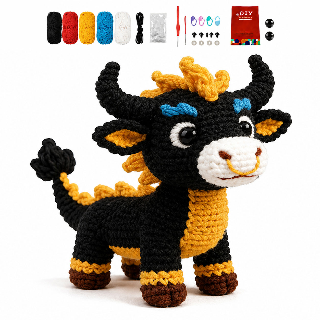 Crochet Kit for Beginners, DIY Bull Amigurumi Crochet Kit with Step-by-Step Instructions, Complete Starter Kit with Yarn, Hooks & Accessories for Adults Kids, Handmade Craft Gift