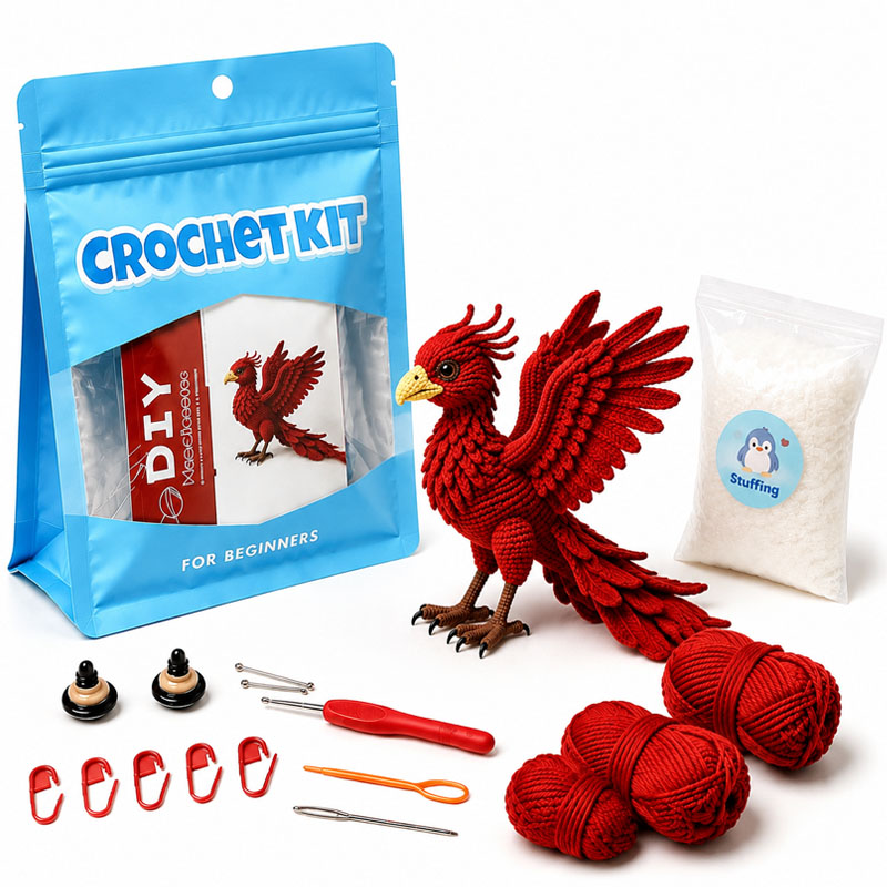Crochet Kit for Beginners, DIY Phoenix Amigurumi Crochet Kit with Step-by-Step Instructions, Complete Starter Kit with Yarn, Hooks & Accessories for Adults Kids, Handmade Craft Gift