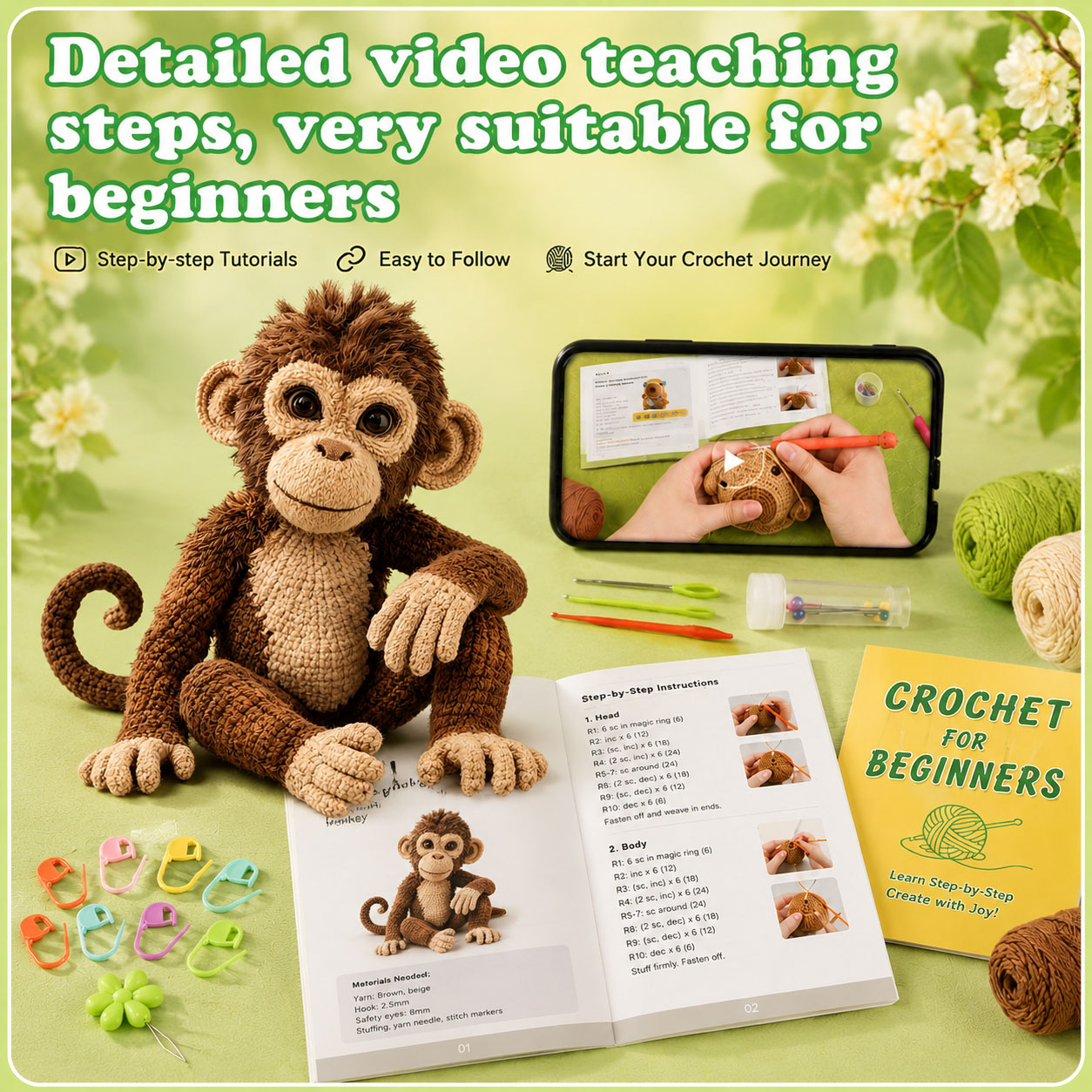 Crochet Kit for Beginners, DIY Monkey Amigurumi Crochet Kit with Step-by-Step Instructions, Complete Starter Kit with Yarn, Hooks & Accessories for Adults Kids, Handmade Craft Gift