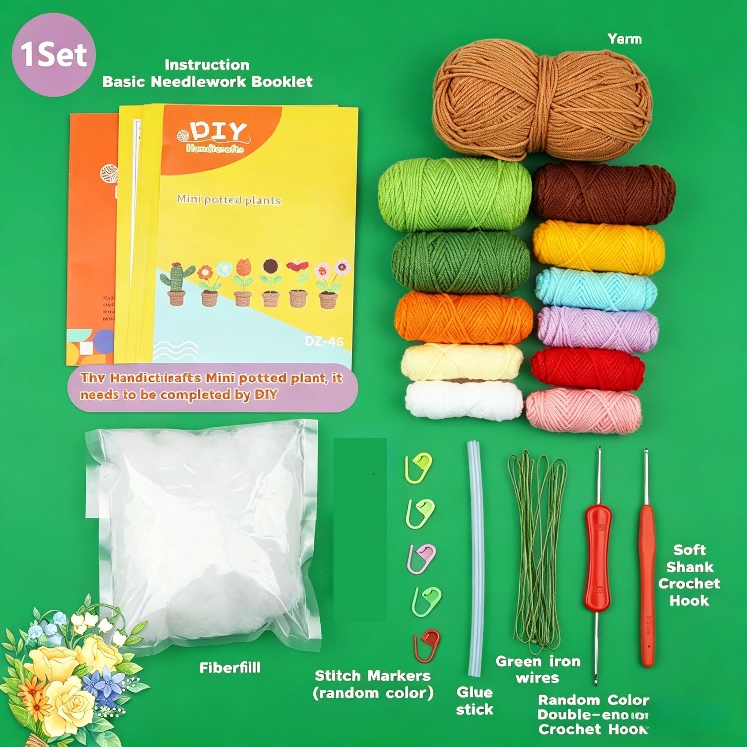 6Pcs Flower & Cactus Beginner Crochet Kit | DIY Amigurumi Potted Cactus & Flower Set with Yarn, Hook & Step-by-Step Tutorial | Cute Handmade Gift for Plant Lovers