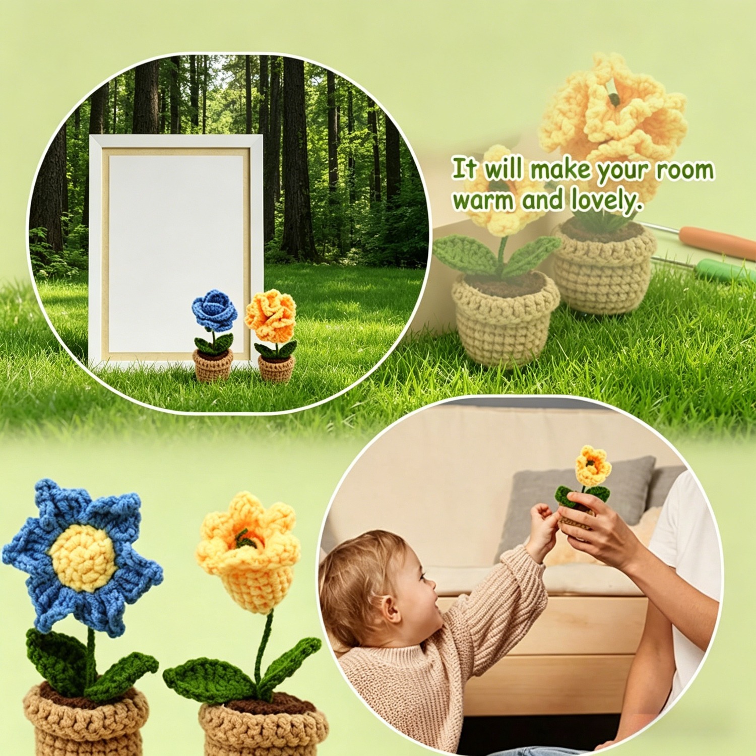 6pcs Mini Flower Pot Crochet Kit for Beginners | DIY Amigurumi Potted Plant Set with Yarn, Hook & Step-by-Step Tutorial | Cute Handmade Gift for Plant Lovers
