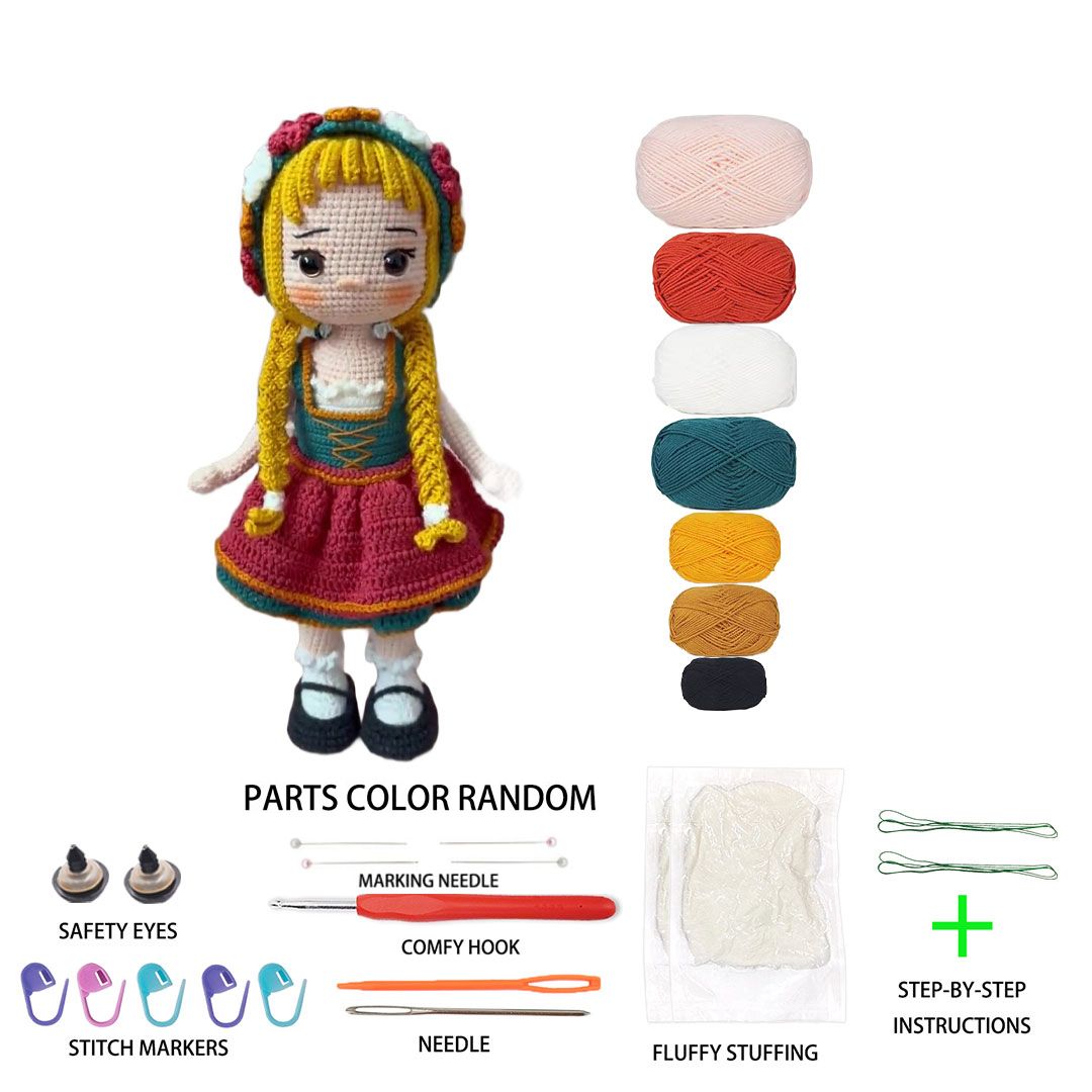 Traditional Folk Dress Girl Crochet Plush Kit for Beginners | DIY Amigurumi Stuffed Doll Set with Yarn, Hook & Step-by-Step Tutorial | Cute Handmade Gift for Craft Lovers
