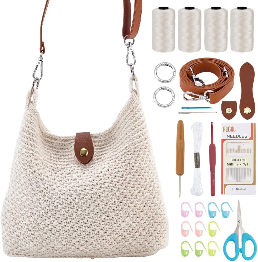 Crochet Bag Kit for Beginners Crochet Purse for Women DIY Tote Bag Making Kit with Step-by-Step Tutorials Knitting Supplies for Adults Crafts Autumn Winter Boho Gift Idea (Beige)