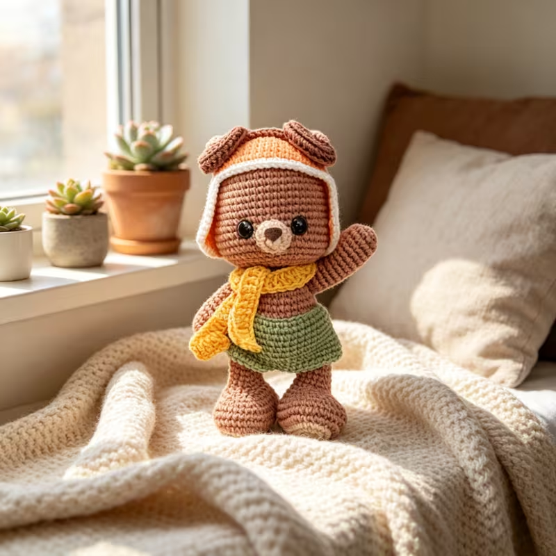 1pc Cute Bear with Hat & Scarf Crochet Kit for Beginners, Complete DIY Amigurumi Teddy Bear Plush Doll Craft Set with All Materials, Yarn, Tools & Step-by-Step Instructions, Handmade Knitted Bear in Green Skirt, Perfect Gift for Kids, Home Decor