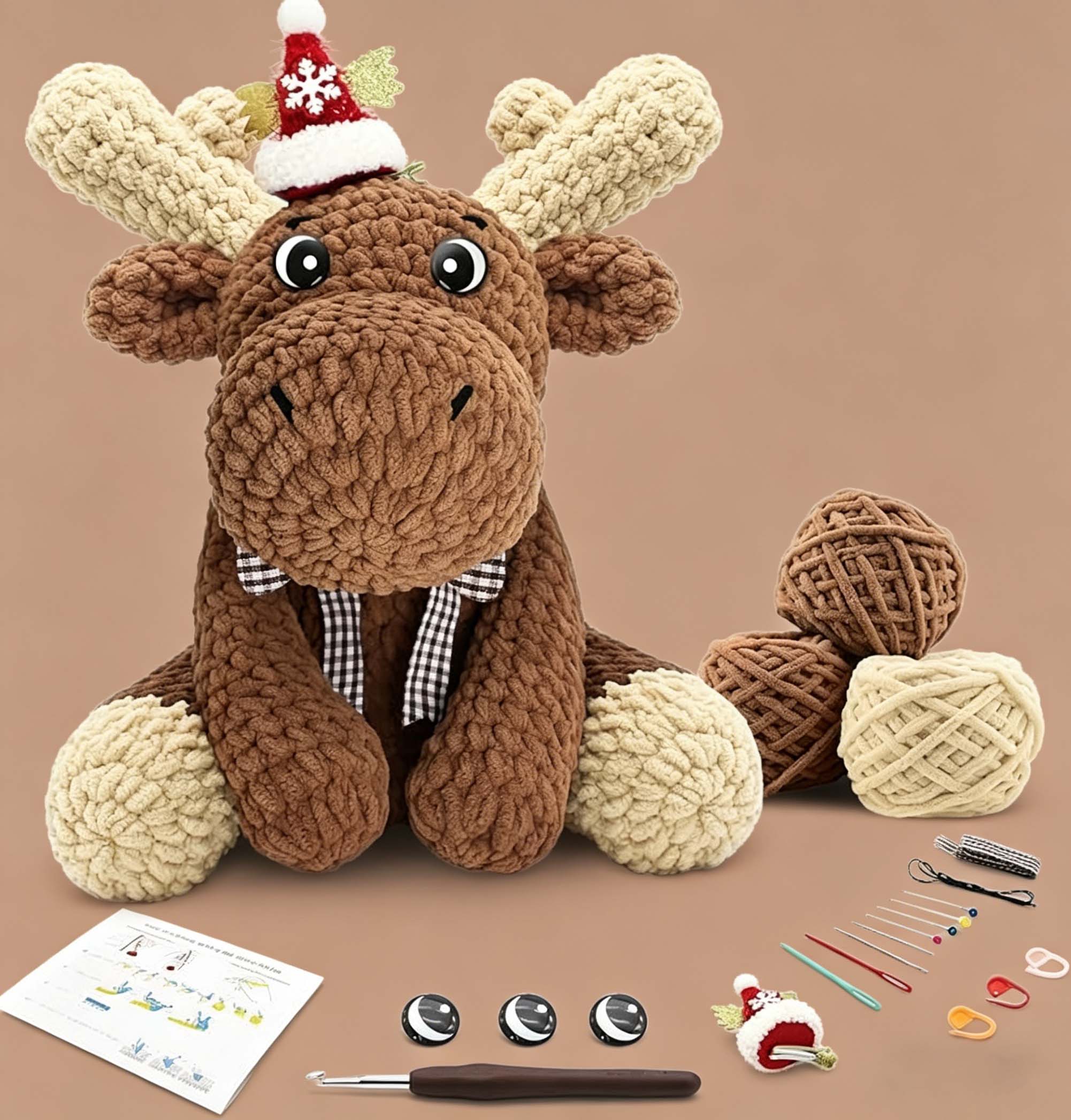 Christmas Reindeer Crochet Kit for Beginners | Large 11.8in Amigurumi DIY Set with Yarn, Hook & Step-by-Step Video Tutorials for Adults & Kids