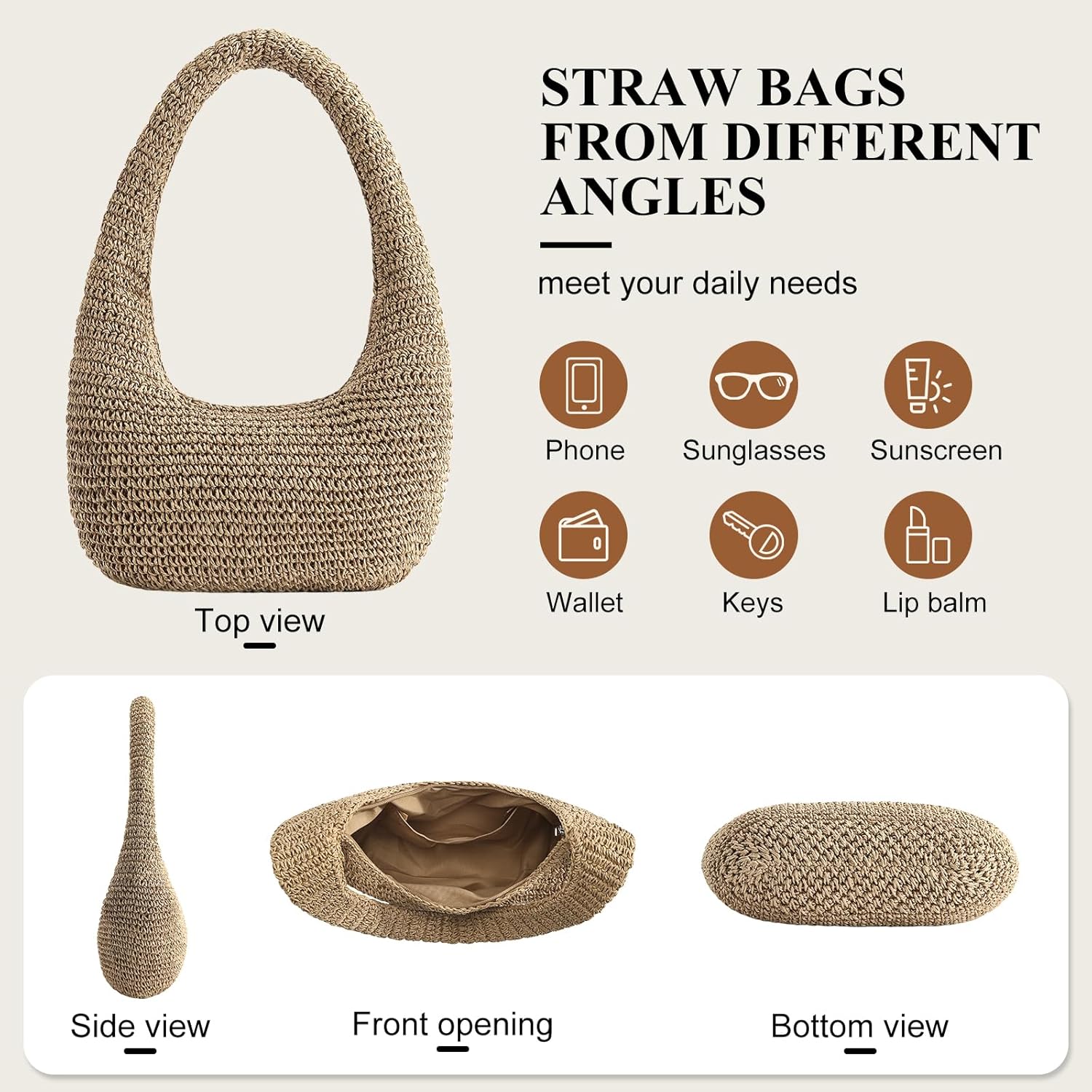 Straw Beach Bag for Women, Summer Tote Bag for Vacation, Hobo Shoulder Bag for Beach Wedding Travel