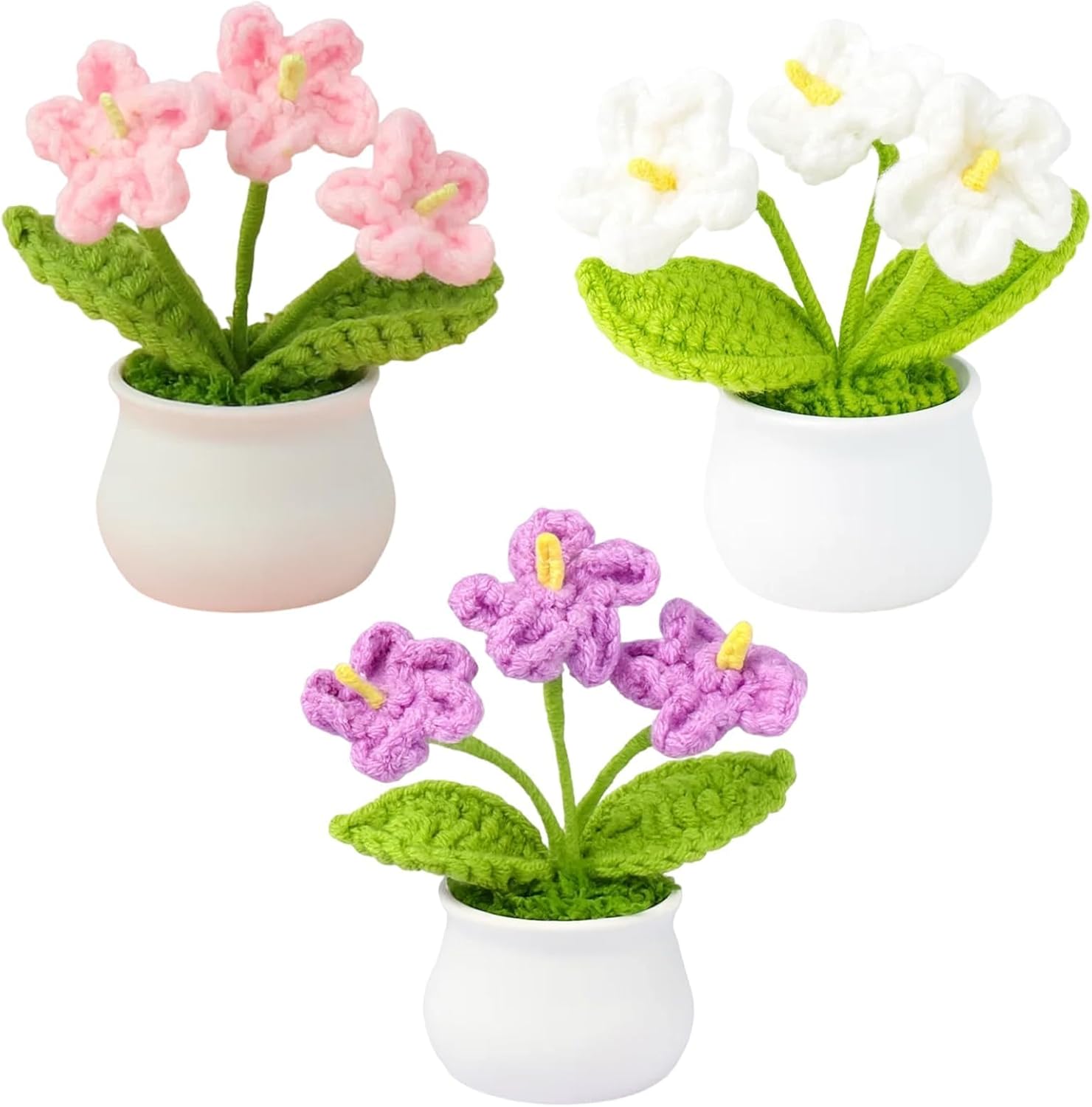 3pcs 4.3inch Crochet Plants, Crocheted Flowers, Knitted Flower Bouquet, Handmade Floral Arrangements, Purple White Pink Color Options, Home Decor Gift Idea