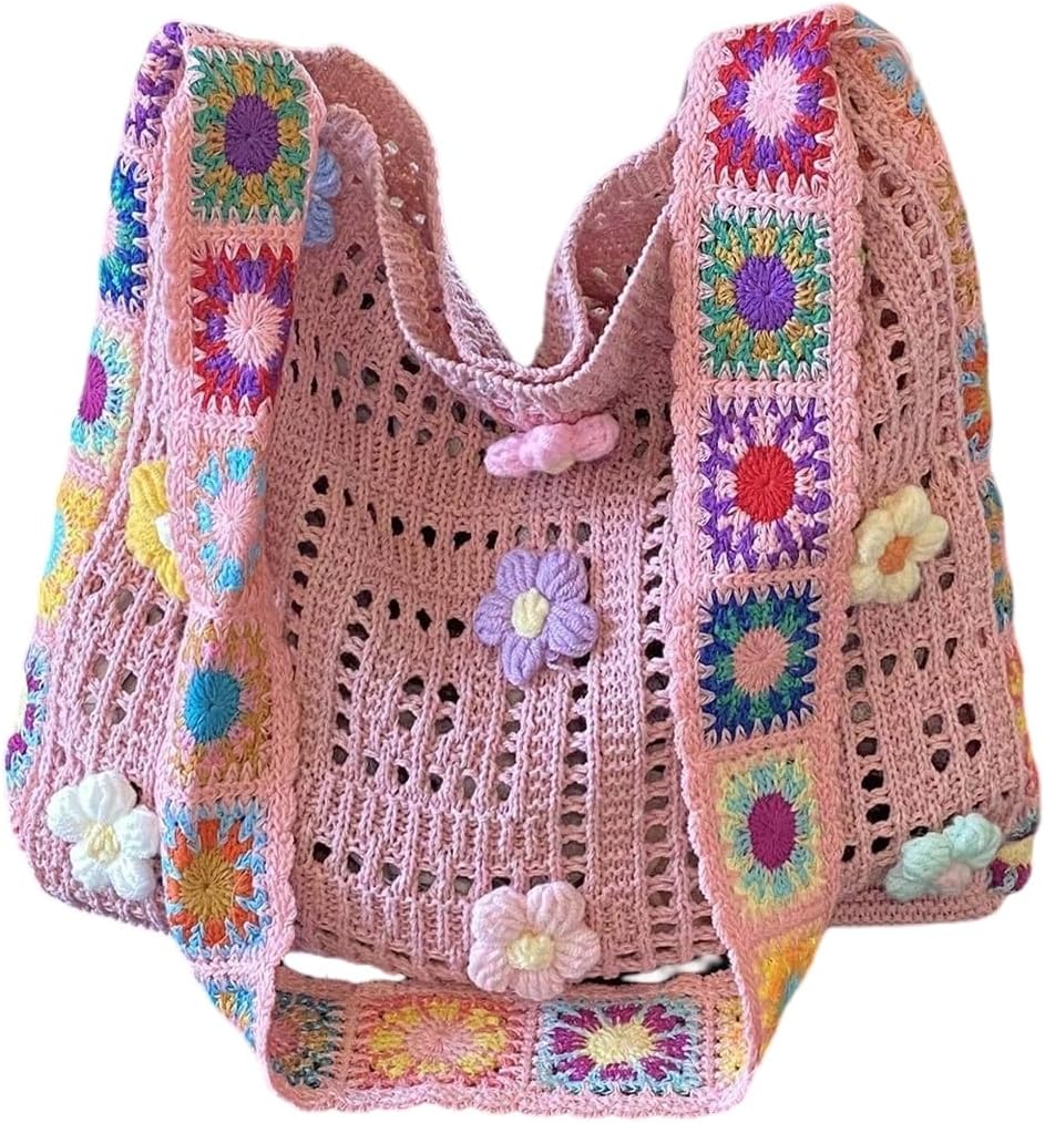 Women's Crochet Tote Bag Hollow Out Slouchy Crossbody Beach Shoulder Bag for Travel Daily