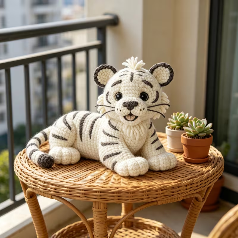 1pc Cute White Tiger Crochet Kit for Beginners, Complete Amigurumi Tiger Plush Doll Craft Set with All Materials, Yarn, Tools & Step-by-Step Instructions, Handmade Knitted White Tiger Cub, Perfect Gift for Kids, Animal Lovers, Home Decor