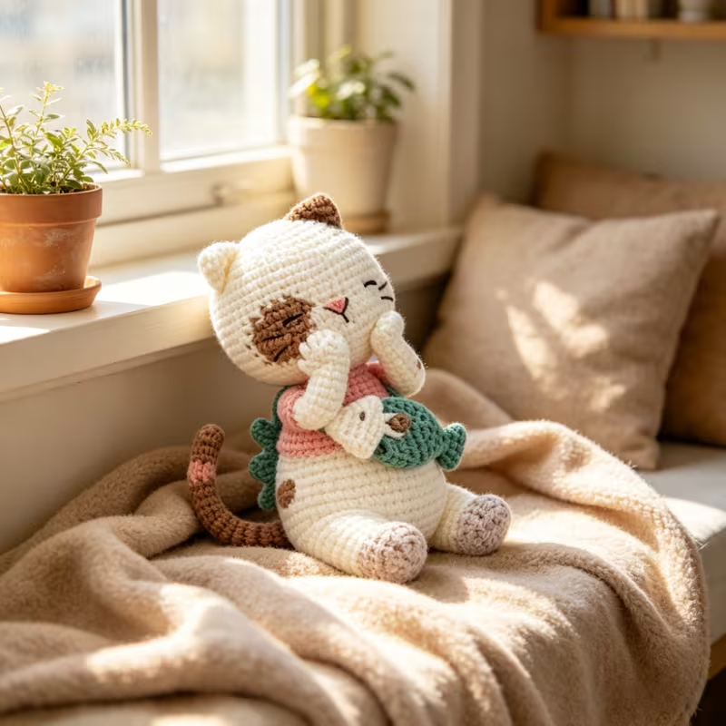 1pc Complete DIY Crochet Amigurumi Kitten Plush Doll Kit Suitable for Beginners with Yarn, Tools & Tutorial - Handmade Cat with Fish Craft, Yarn & Hooked Crochet Project for Adults, Kids, Cat Lovers Gift, Home Decor, Easy Fun Project