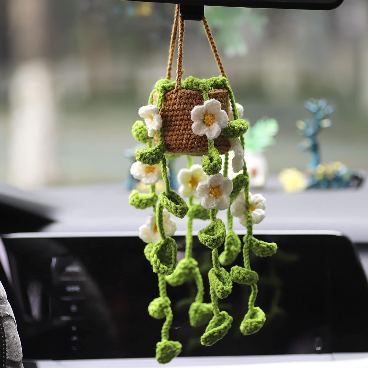 Crochet Potted Plants Car Mirror Hanging Accessories, Cute Car Decorations for Women Men, Handmade Knitted Rearview Mirror Accessories Home Crochet Plant Decor Gifts