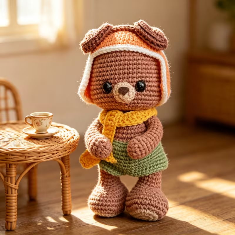 1pc Cute Bear with Hat & Scarf Crochet Kit for Beginners, Complete DIY Amigurumi Teddy Bear Plush Doll Craft Set with All Materials, Yarn, Tools & Step-by-Step Instructions, Handmade Knitted Bear in Green Skirt, Perfect Gift for Kids, Home Decor