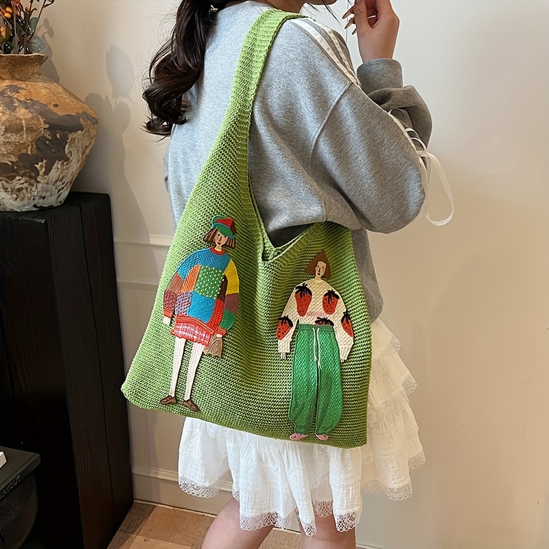 Women'S Spacious Woven Vest Bag, Lightweight Casual Shoulder Tote, Knitted Handbag with Cartoon Motif, Ideal for Shopping